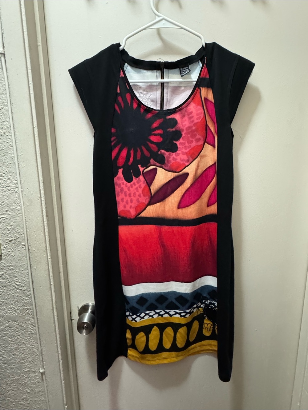 Desigual Black Midi Dress with Red, Pink, Yellow & Blue Front Panel